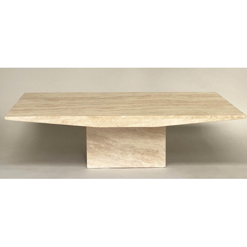 128 - TRAVERTINE LOW TABLE, Italian marble rectangular with shaped sides, 170cm W x 100cm D x 45cm H.