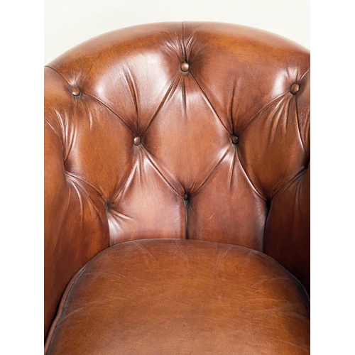 172 - TUB ARMCHAIR BY THOMAS LLOYD, buttoned tan leather with arched back and rounded arms, 78cm W.