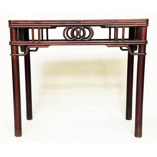 183 - SCRIBES/ALTAR TABLE, 19th century Chinese elm and lacquered with scroll pierced frieze, 96cm x 85cm ... 