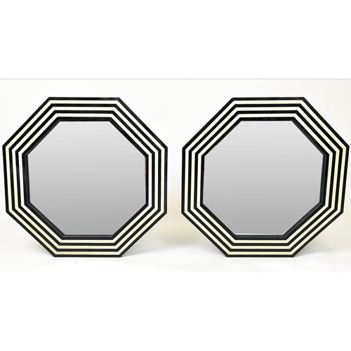 459 - WALL MIRRORS, a pair, 1970s Italian design, octagonal inlaid frames, 61cm diam. (2)