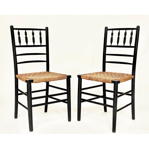 100 - SIDE CHAIRS, a pair, 19th century, English William Morris style with woven seat and bobbin turned ba... 