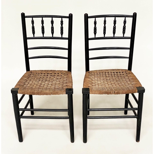 100 - SIDE CHAIRS, a pair, 19th century, English William Morris style with woven seat and bobbin turned ba... 