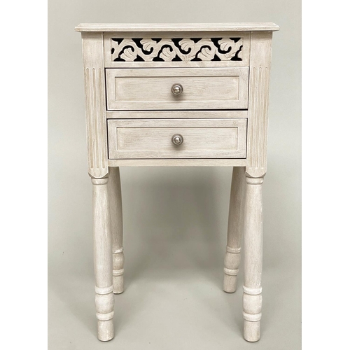 101 - BEDSIDE CHESTS/TABLES, a pair, French style grey painted each with pierced frieze and two drawers, 4... 