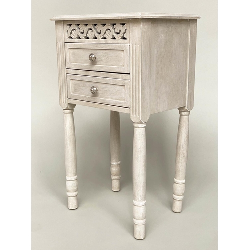 101 - BEDSIDE CHESTS/TABLES, a pair, French style grey painted each with pierced frieze and two drawers, 4... 