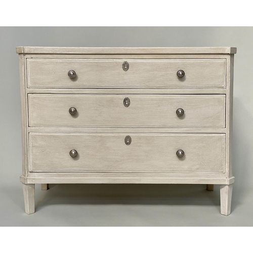 103 - COMMODE, 19th century Gustavian style grey painted with three long drawers, canted corners and taper... 