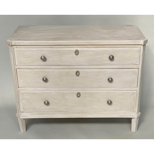 103 - COMMODE, 19th century Gustavian style grey painted with three long drawers, canted corners and taper... 