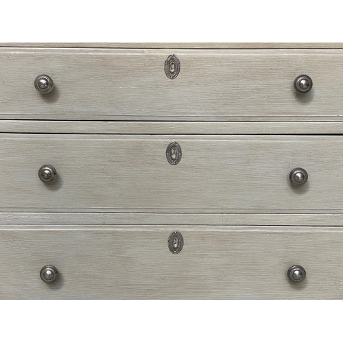 103 - COMMODE, 19th century Gustavian style grey painted with three long drawers, canted corners and taper... 