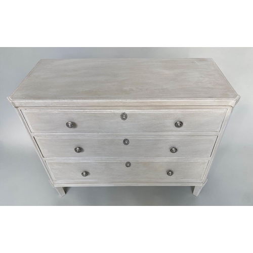 103 - COMMODE, 19th century Gustavian style grey painted with three long drawers, canted corners and taper... 