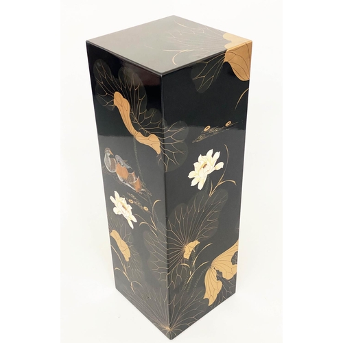 104 - PEDESTAL, black lacquered Chinoiserie decorated 30cm x 30cm x 60cm H