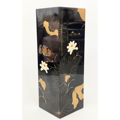 104 - PEDESTAL, black lacquered Chinoiserie decorated 30cm x 30cm x 60cm H