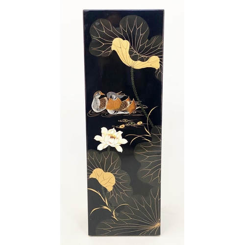 104 - PEDESTAL, black lacquered Chinoiserie decorated 30cm x 30cm x 60cm H