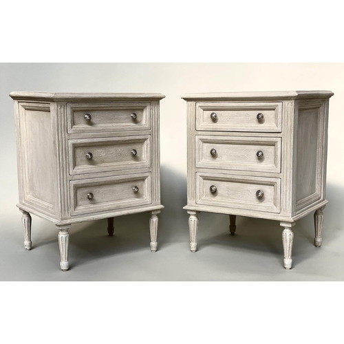 106 - BEDSIDE CHESTS, a pair, French Louis XVI style traditionally grey painted each with three drawers, 4... 