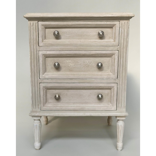 106 - BEDSIDE CHESTS, a pair, French Louis XVI style traditionally grey painted each with three drawers, 4... 