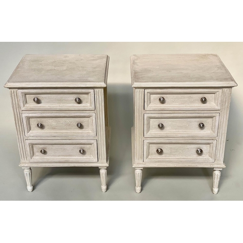 106 - BEDSIDE CHESTS, a pair, French Louis XVI style traditionally grey painted each with three drawers, 4... 