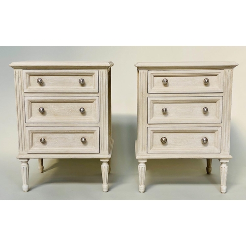 106 - BEDSIDE CHESTS, a pair, French Louis XVI style traditionally grey painted each with three drawers, 4... 