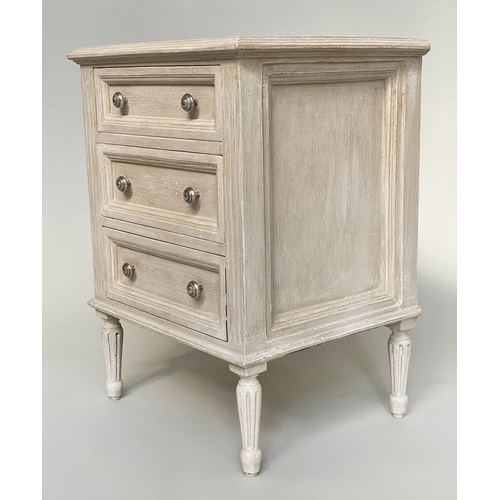 106 - BEDSIDE CHESTS, a pair, French Louis XVI style traditionally grey painted each with three drawers, 4... 