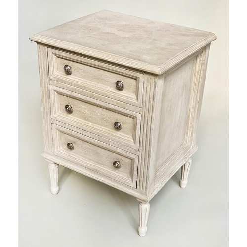 106 - BEDSIDE CHESTS, a pair, French Louis XVI style traditionally grey painted each with three drawers, 4... 