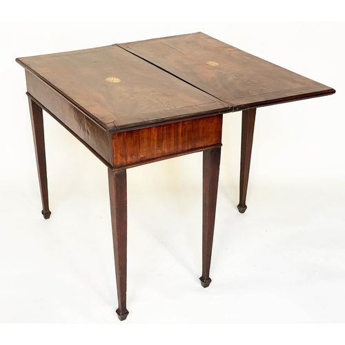 107 - TEA TABLE, George III mahogany rectangular foldover and crossbanded with satinwood paterae inlay thr... 