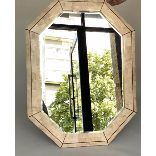 108 - WALL MIRROR, Travertine marble veneered octagonal with bevelled mirror, 78cm W x 104cm H.