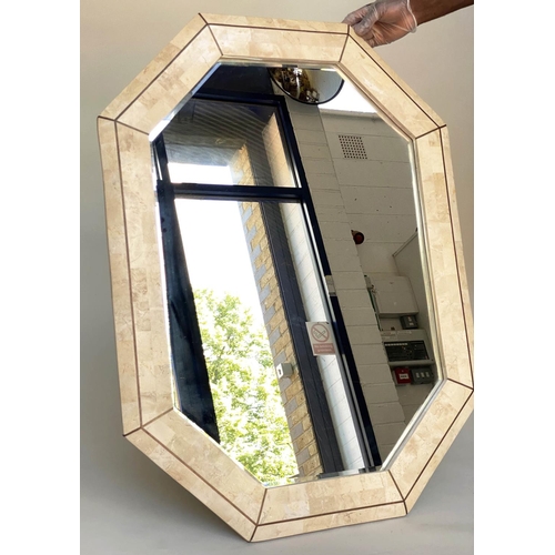 108 - WALL MIRROR, Travertine marble veneered octagonal with bevelled mirror, 78cm W x 104cm H.