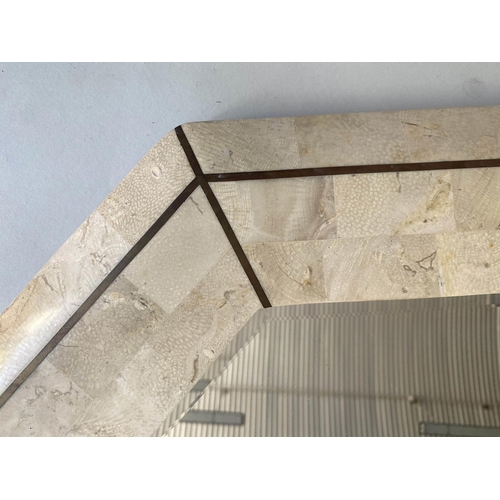 108 - WALL MIRROR, Travertine marble veneered octagonal with bevelled mirror, 78cm W x 104cm H.