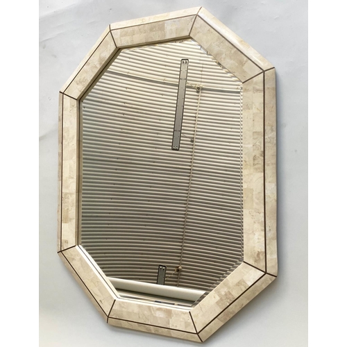 108 - WALL MIRROR, Travertine marble veneered octagonal with bevelled mirror, 78cm W x 104cm H.