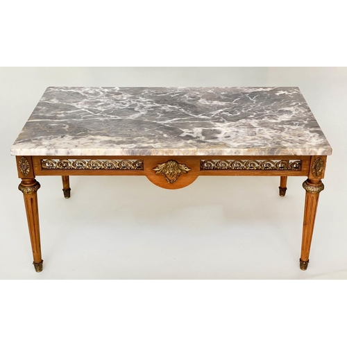 110 - LOW TABLE, 1960s French rectangular variegated grey marble top and gilt metal mounted on pierced sup... 