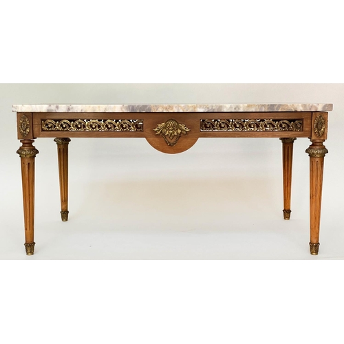 110 - LOW TABLE, 1960s French rectangular variegated grey marble top and gilt metal mounted on pierced sup... 