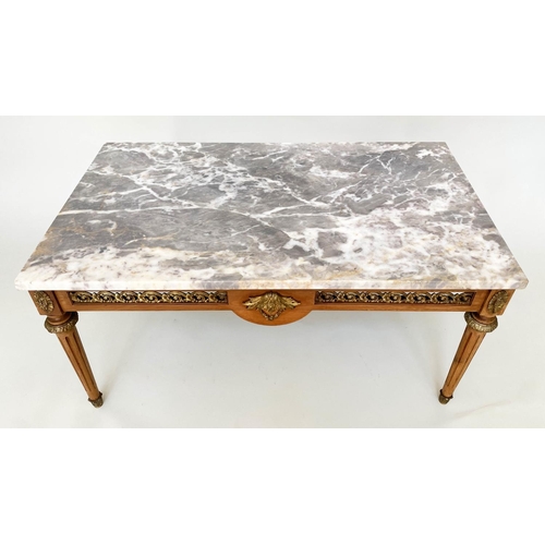 110 - LOW TABLE, 1960s French rectangular variegated grey marble top and gilt metal mounted on pierced sup... 