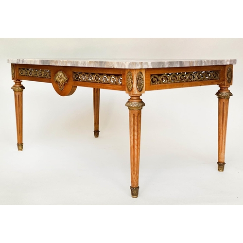 110 - LOW TABLE, 1960s French rectangular variegated grey marble top and gilt metal mounted on pierced sup... 