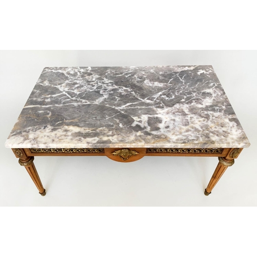 110 - LOW TABLE, 1960s French rectangular variegated grey marble top and gilt metal mounted on pierced sup... 