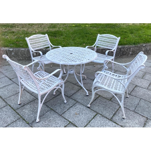 112 - GARDEN TABLE AND CHAIRS, painted cast aluminium lattice work with circular table and four armchairs,... 