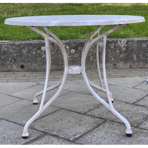 112 - GARDEN TABLE AND CHAIRS, painted cast aluminium lattice work with circular table and four armchairs,... 