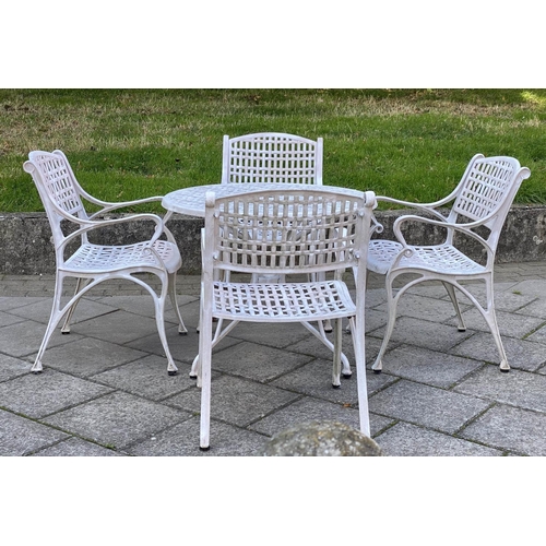 112 - GARDEN TABLE AND CHAIRS, painted cast aluminium lattice work with circular table and four armchairs,... 