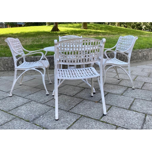 112 - GARDEN TABLE AND CHAIRS, painted cast aluminium lattice work with circular table and four armchairs,... 