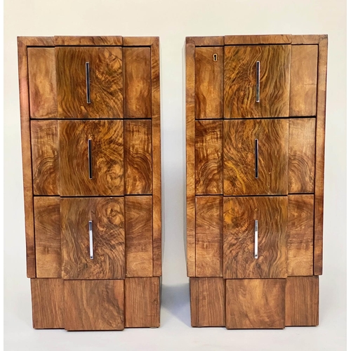 114 - ART DECO BEDSIDE CHESTS, a pair, figured walnut each breakfront with three drawers, 35cm W x 48cm D ... 