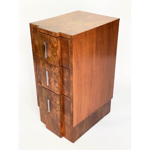 114 - ART DECO BEDSIDE CHESTS, a pair, figured walnut each breakfront with three drawers, 35cm W x 48cm D ... 