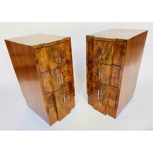 114 - ART DECO BEDSIDE CHESTS, a pair, figured walnut each breakfront with three drawers, 35cm W x 48cm D ... 