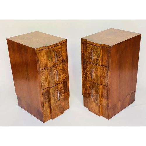 114 - ART DECO BEDSIDE CHESTS, a pair, figured walnut each breakfront with three drawers, 35cm W x 48cm D ... 