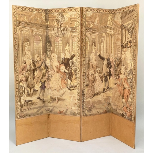 120 - 'TAPESTRY SCREEN', early 20th century French four fold depicting courtly scene, 180cm x 47cm.