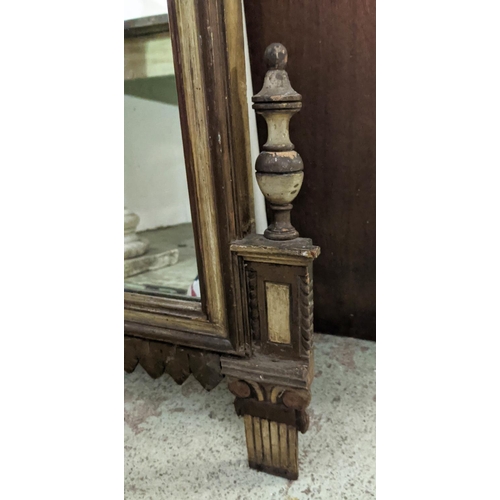 132 - WALL MIRROR, Early 19th century, scroll work crest, acanthus scrolled side pieces, turned finials, m... 