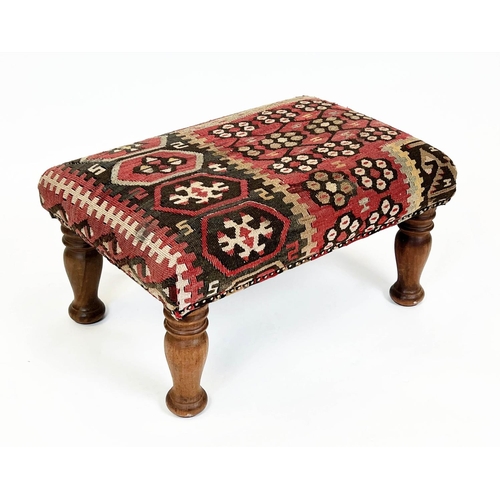 151 - KILIM FOOTSTOOL, raised on turned wooden legs, 32cm H x 65cm x 42cm.