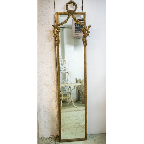 152 - PIER MIRROR, 214cm H x 58cm W, late 19th century giltwood and gesso with cherub and wreath decoratio... 