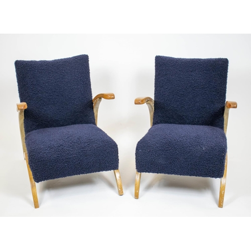 153 - ARMCHAIRS, 73cm H x 58cm W, a pair, mid 20th century navy blue boucle wool upholstered. (2)