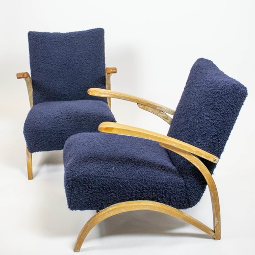 153 - ARMCHAIRS, 73cm H x 58cm W, a pair, mid 20th century navy blue boucle wool upholstered. (2)