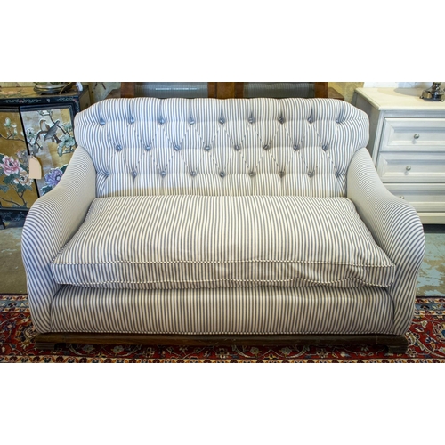 154 - SOFA, 81cm H x 142cm W, Art Deco simulated walnut with seat cushion newly upholstered in ticking fab... 