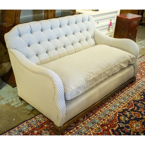 154 - SOFA, 81cm H x 142cm W, Art Deco simulated walnut with seat cushion newly upholstered in ticking fab... 