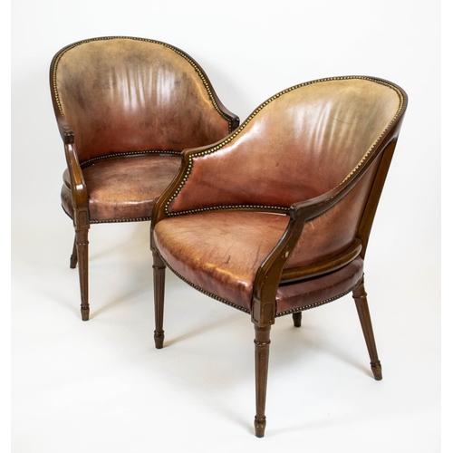 158 - LIBRARY TUB CHAIRS, 85cm H x 62cm W, a pair, George III style mahogany in faded leather. (2)