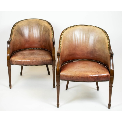 158 - LIBRARY TUB CHAIRS, 85cm H x 62cm W, a pair, George III style mahogany in faded leather. (2)