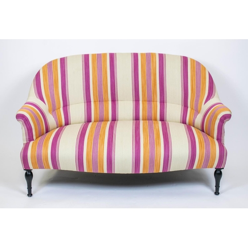 159 - CANAPE, 132cm W x 80cm H, Napoleon III manner ebonised with pink and orange striped fabric.